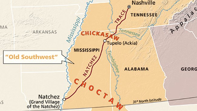 Map of Southeastern United States highlighting the Natchez Trace, the Chickasaw Nation, the Choctaw Nation, and the Natchez Nation