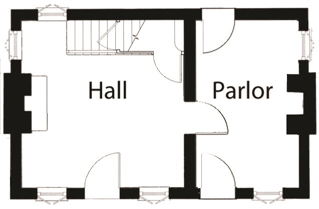 first floor layout of the interior of the Gordon House. Large room labeled Hall is on the left and the Parlor is on the right
