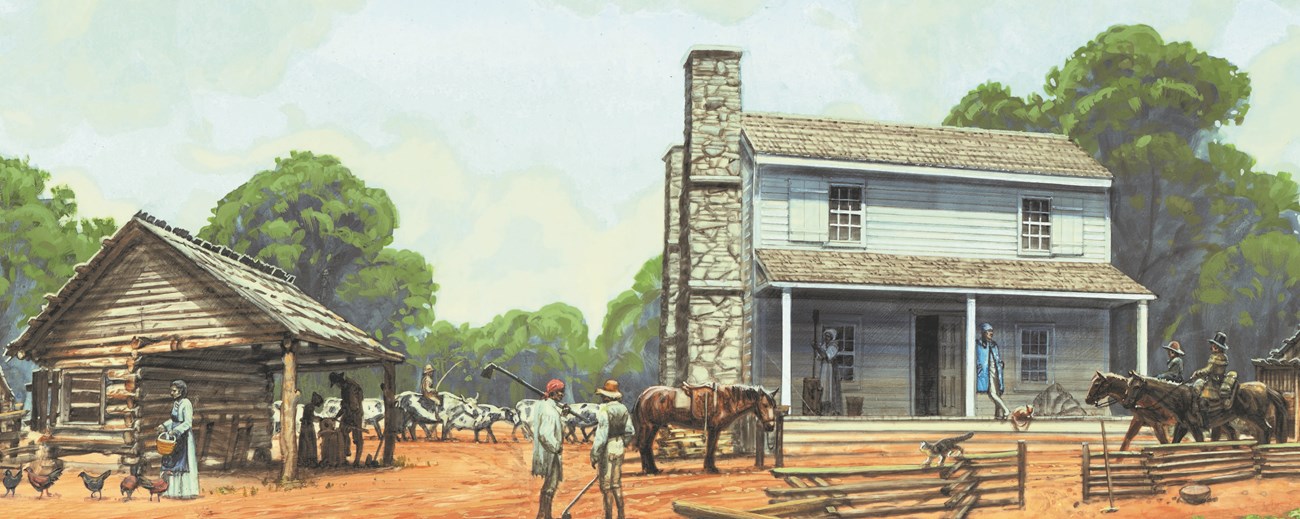 Typical day of activity at Buzzard Roost Stand. People working include enslaved people and American Indians. Boatmen rest on the front porch from their journey at the two story wooden home. Animals such as chickens, cows and horses shown in the scene.