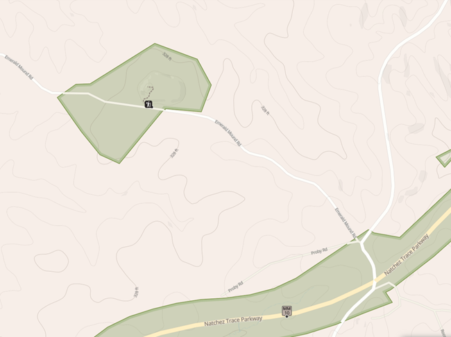 A graphic map showing a road leading west off of the Parkway to an area labeled Emerald Mound.