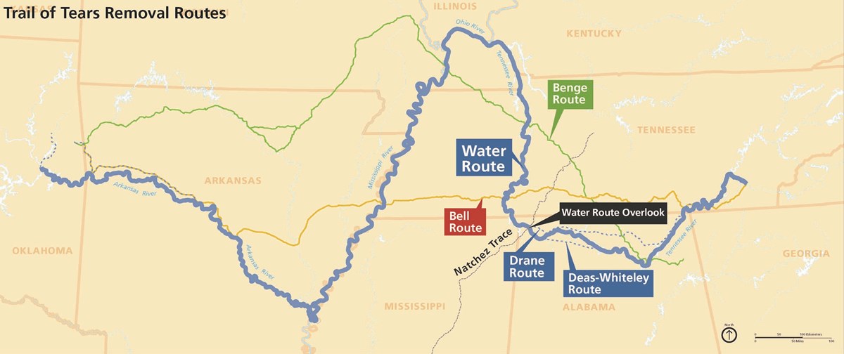 Map of Trail of Tears routes crossing the Natchez Trace Parkway