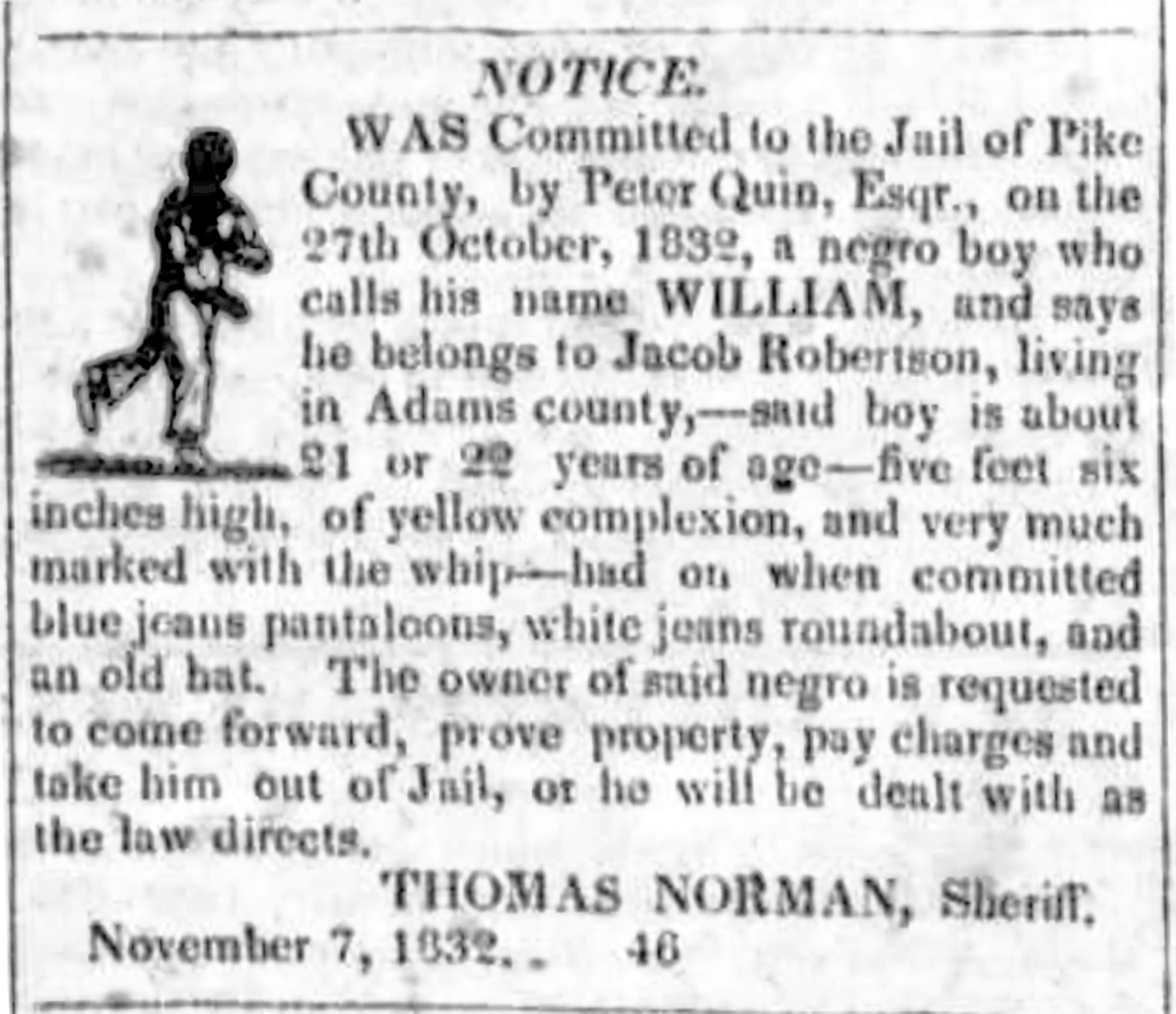 Newspaper add with same text as noted. An icon of a running African American is in the upper right corner.