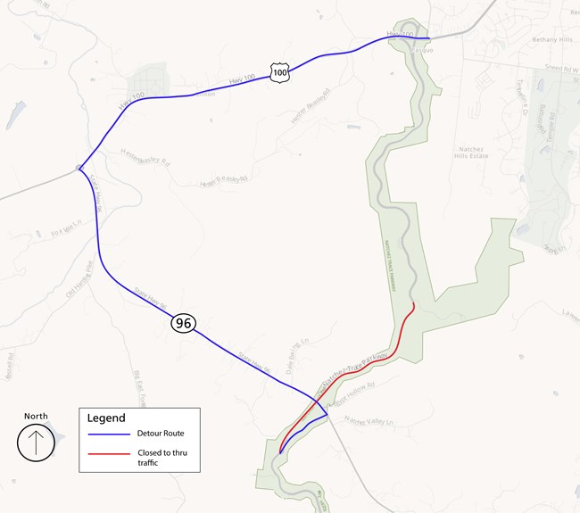 A map of the Natchez Trace Parkway. A red line follows the southern end of the Double Arch Bridge to a pull-off on the East side of the parkway, labeled "Closed to thru traffic". A blue line highlights HWY 100 and HWY 96 labeled "Detour Route".