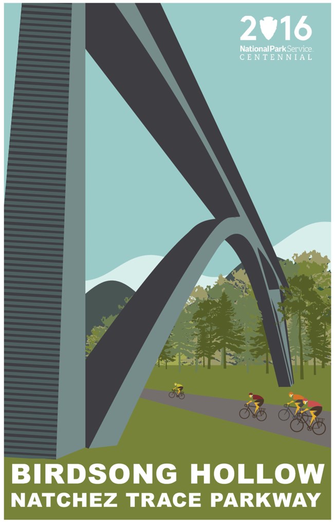 A graphic of a perspective view of a double arch bridge with bicyclists riding under it.