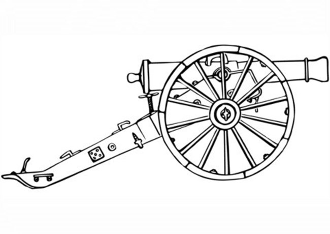 black line drawing of a cannon on it's carriage. The cannon points to the right with the tongue of the carriage pointing to the left