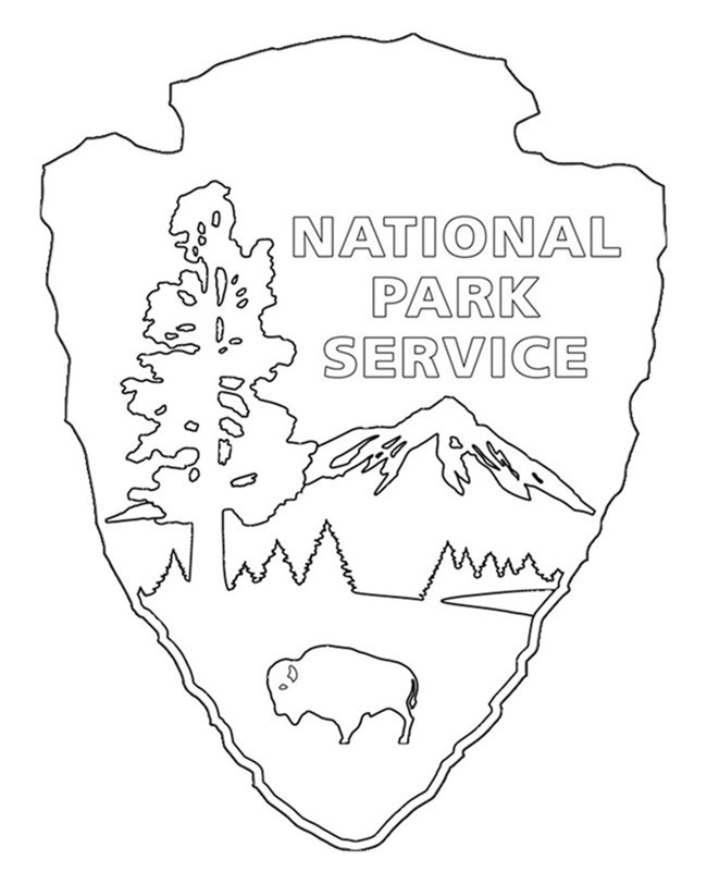 black line drawing of National Park Service Arrowhead. The drawing is an arrowhead shape with a sequoia tree on the left side, bison in the foreground and a lake in mountain in the background. Words National Park Service are at the top.