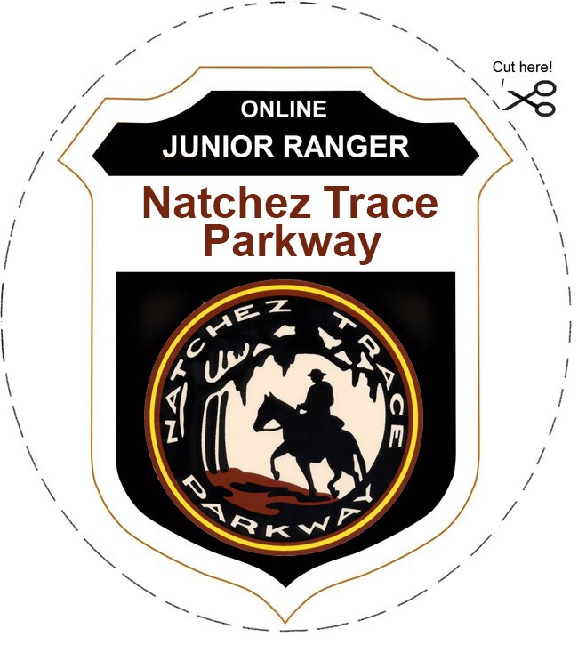 A shield shaped badge with the text online junior ranger, then Natchez Trace Parkway. Under the text is a picture of the post rider logo a circle with a horse and rider walking through trees, surrounded by the text Natchez Trace Parkway.
