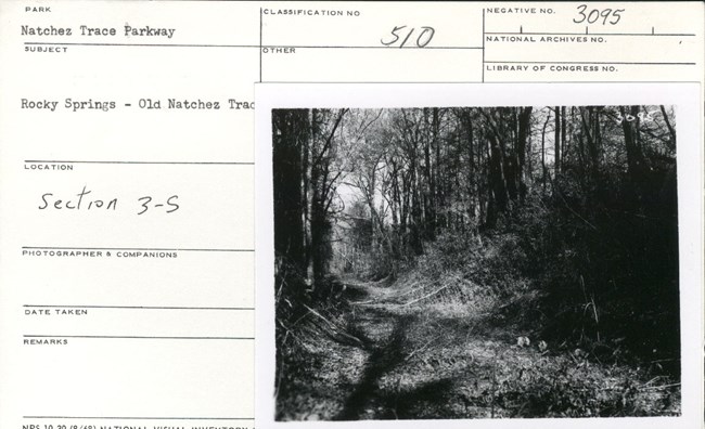 An archival card with a photo of a sunken trail. Labeled Rocky Springs.