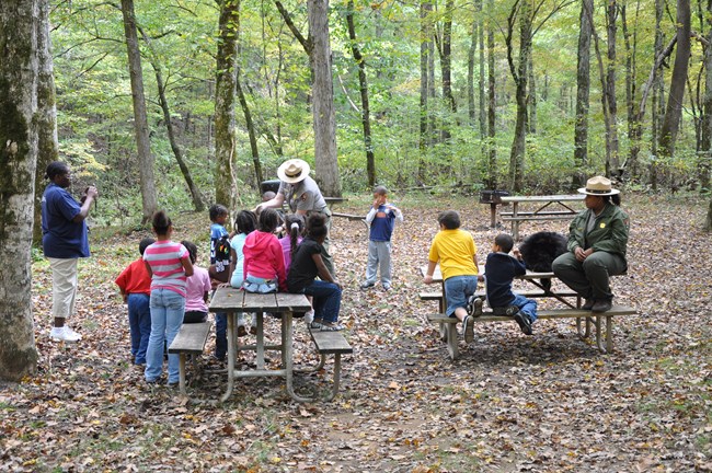 Two rangers with children in the woods.