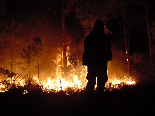 Firefighter watching for embers.