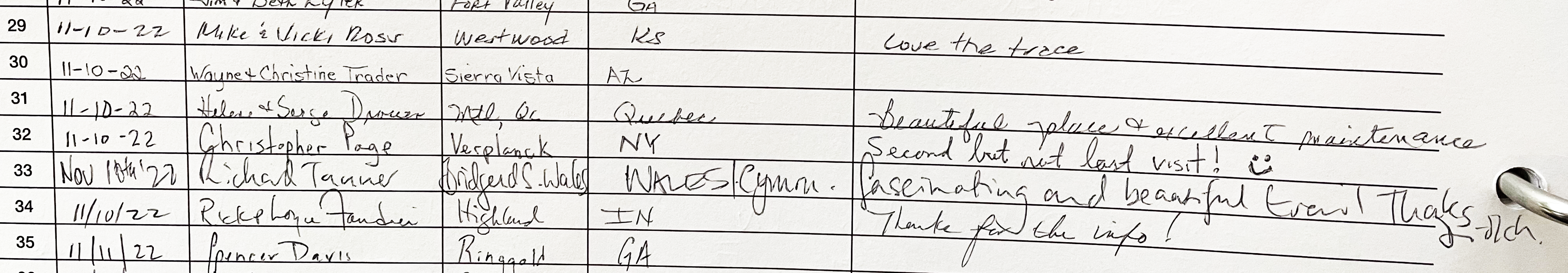 A snip from a page with handwritten signatures, dates from November 10 & 11 and states and countries listed. KS, AL, Quebec, NY, Wales/Cymru, IN, GA