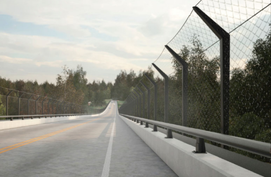 Computer model of a two lane bridge deck with a low metal railing on a low concrete wall. there is a larger black metal and mesh fence with evenly spaced posts that are curved inward on the top.