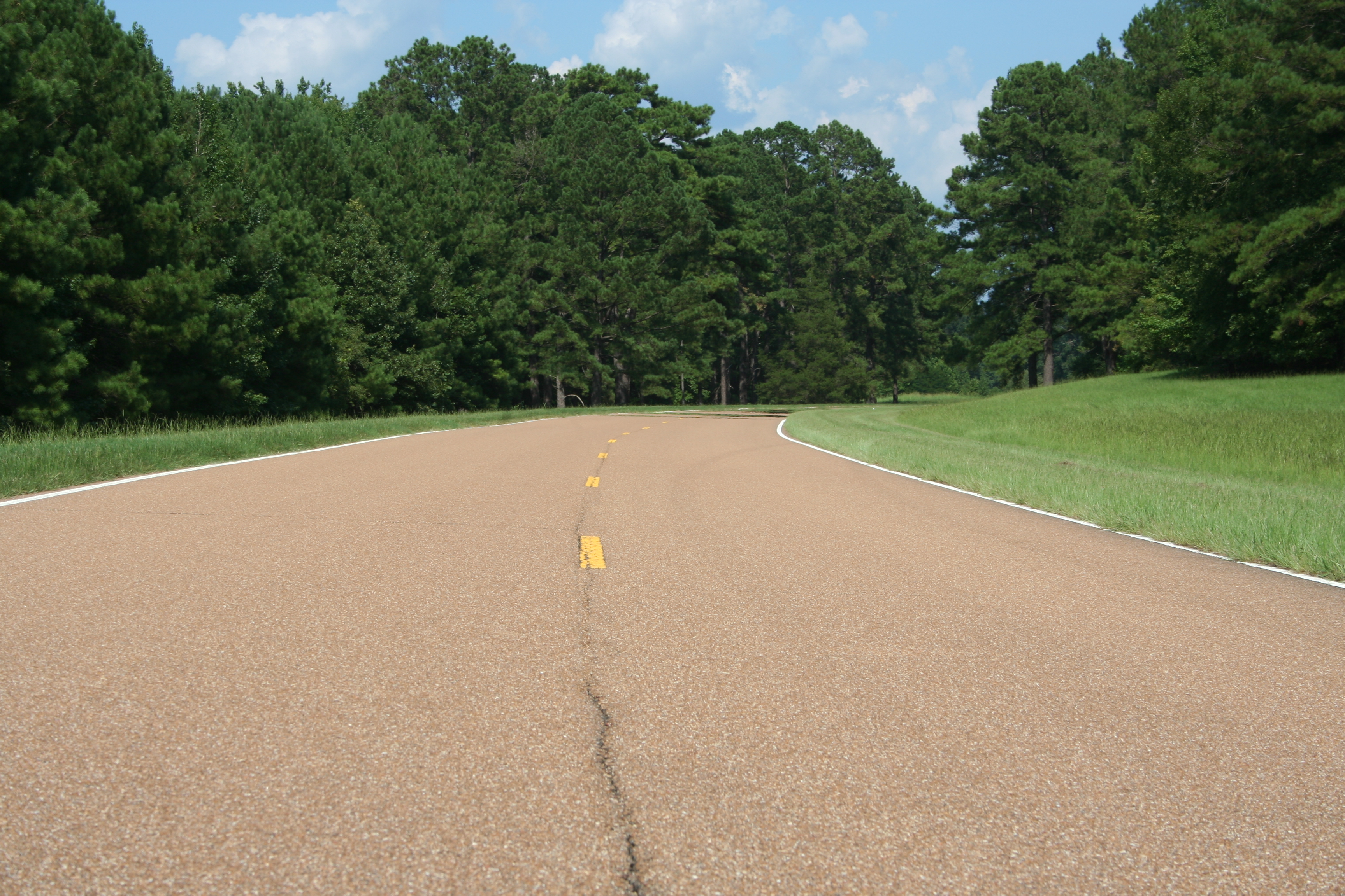 NPS photo. Natchez Trace Parkway A paved road with a crack down the center line. Grass and trees line the roadway.