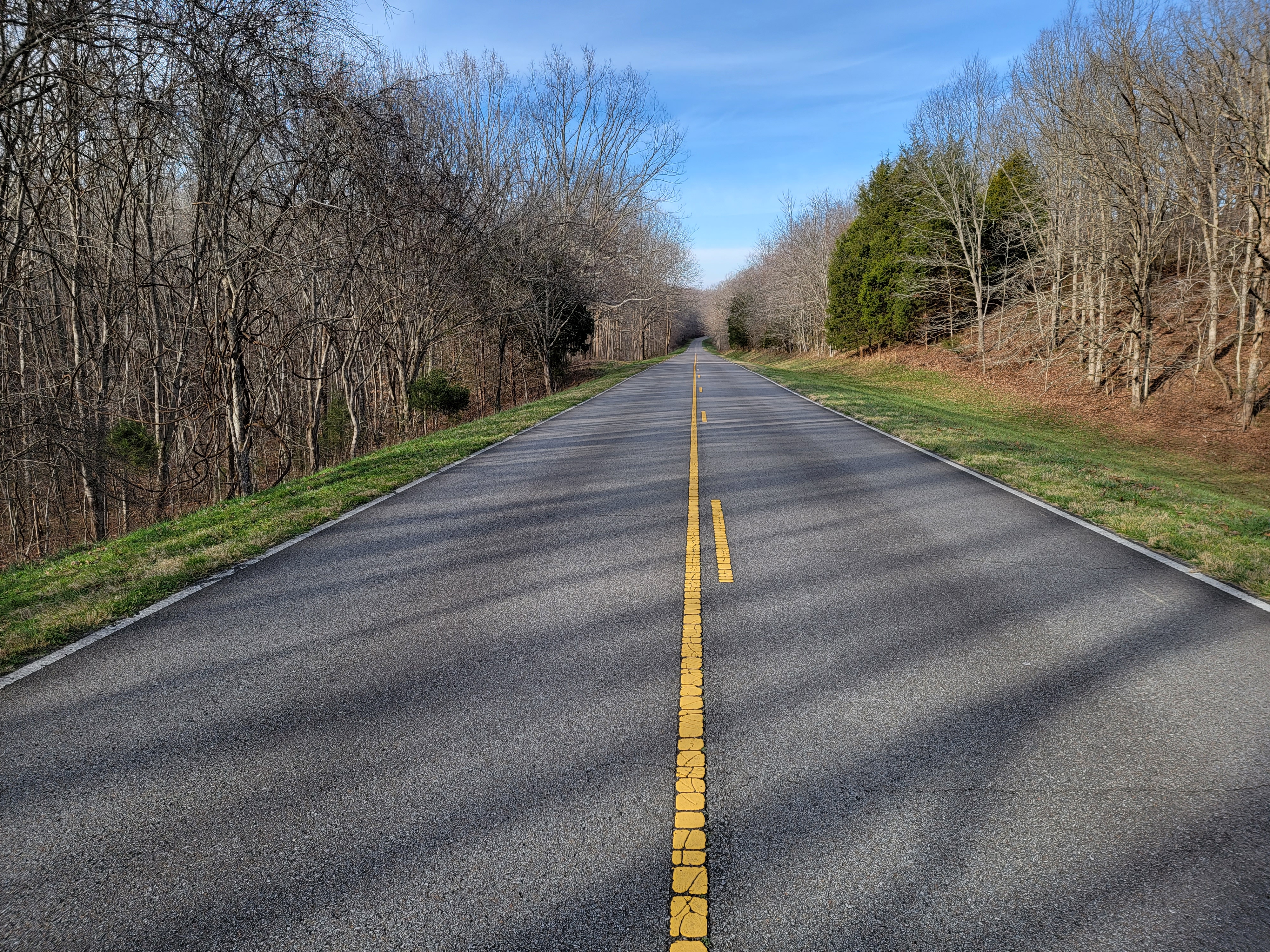 The parkway is open near Tupelo, Mississippi. NPS photo/ J, Childs Two lane road lined with trees in winter foliage