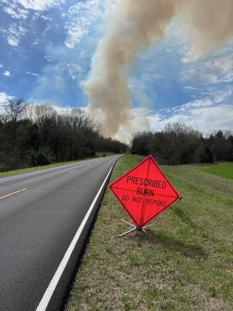 A diamond shaped orange road sign that reads "prescribed burn do not report" stands in the mowed grass along the edge of a two lane paved road. A tall tan smoke plume is visible in the partly clouded blue sky. Smaller smoke clouds hover at the trees.