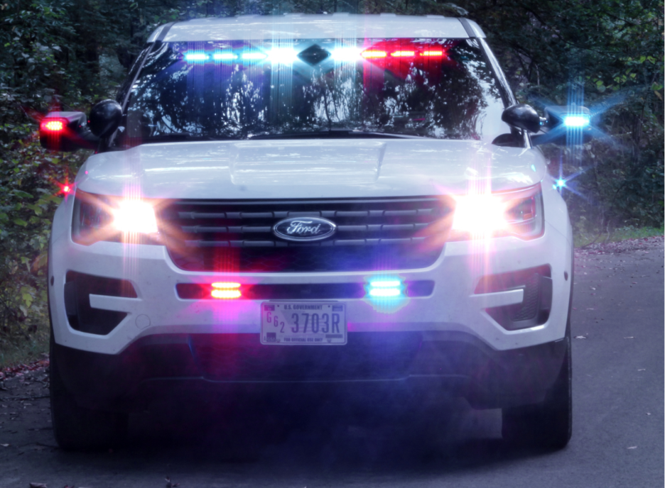 White truck with flashing blue and red police lights.