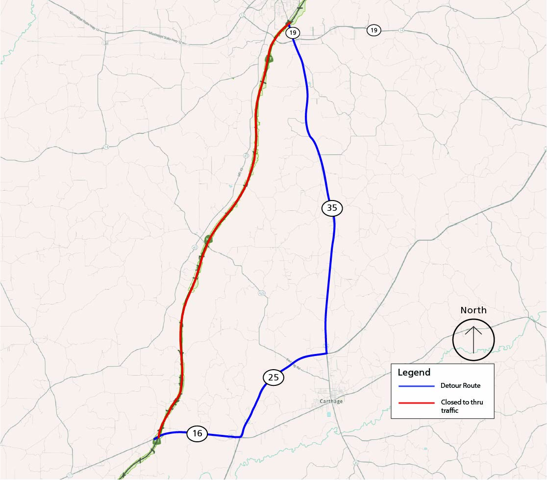 A map of the parkway. The road is closed to thru traffic from milepost 159.5-135. State routes 19, 35, 25, and 16 are the detour route.