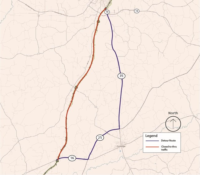 A map of the parkway. The road is closed to thru traffic from milepost 159.5-135. State routes 19, 35, 25, and 16 are the detour route.