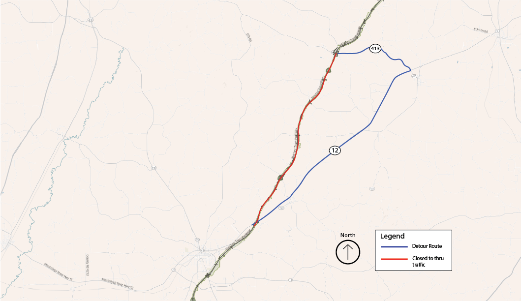 A map of the Natchez Trace Parkway from French Camp to Kosciusko. Red line highlights the Trace from MP 180.8 -165.3 as "Closed to thru traffic." A blue line marks state routes 413 & 12 as the detour. The route extends under the Trace at its southern end.