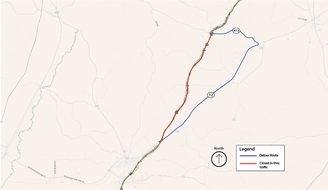 A map of the Natchez Trace Parkway from French Camp to Kosciusko. Red line highlights the Trace from MP 180.8 -165.3 as "Closed to thru traffic." A blue line marks state routes 413 & 12 as the detour. The route extends under the Trace at its southern end.