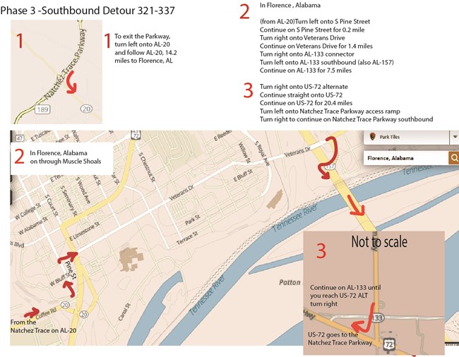 Map of southbound detour and same text directions as on this page.