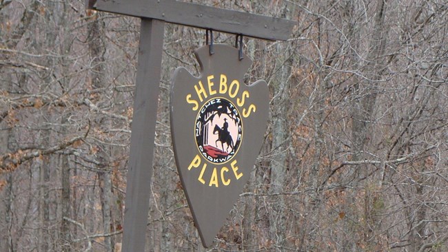 Hanging wood sign reading "Sheboss Place"