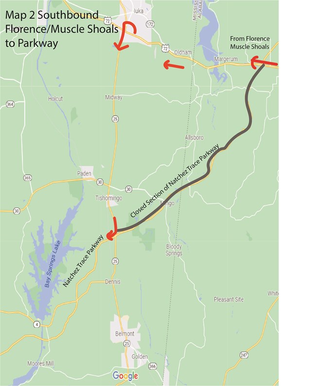 Map of detour between HWY 72 south to milepost 303 on the Parkway.