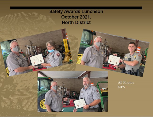 A series of 3 photos of a uniformed grey haired man handing certificates to uniformed individuals. A gray haired woman, a gray haired bearded man and a young law enforcement ranger.