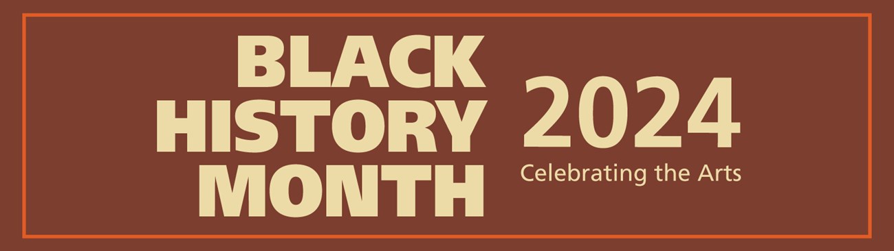 Maroon background rectangle image with red line border with text in the middle that says black history month - 2024 - Celebrating the arts