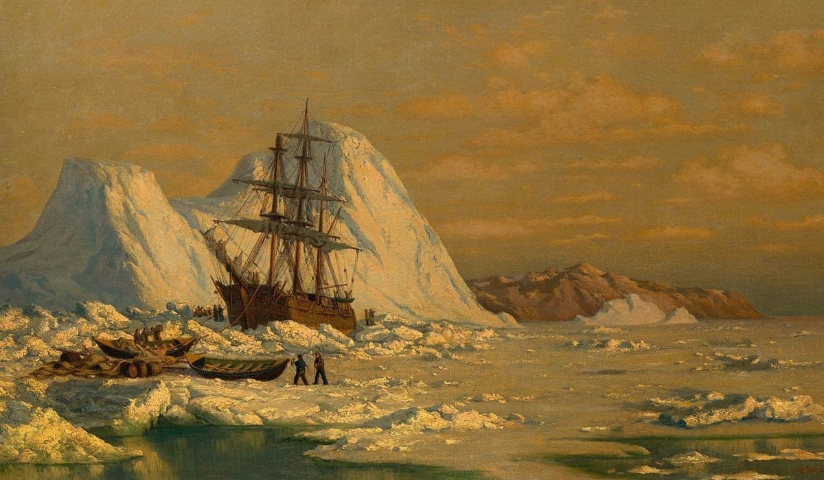 Painting depicts whaleship stuck in the ice.