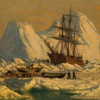Painting of a whaleship stuck in the ice.
