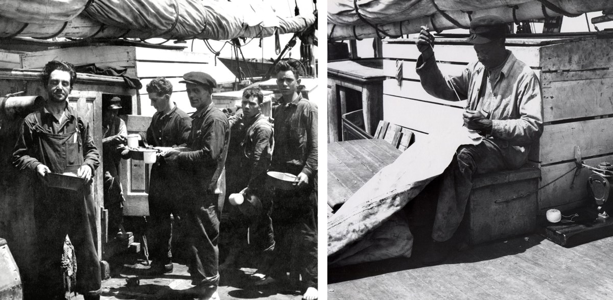 Left, men stand in line with bowls in hand; right, man sews a sail while sitting on deck.
