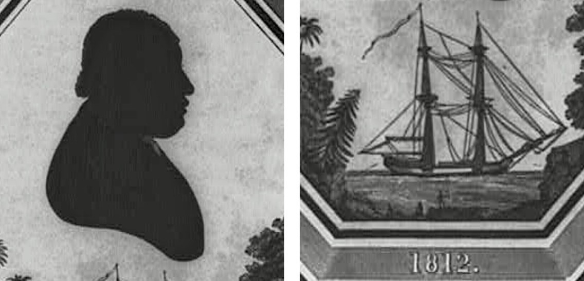 Left, silhouette of Cuffe; right, silhouette of brig, Traveler