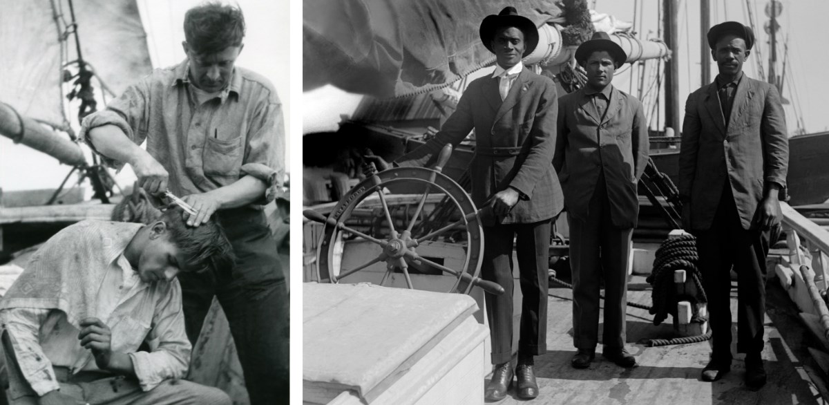 Left, one man gives another a haircut onboard; right, three men  pose onboard a ship.