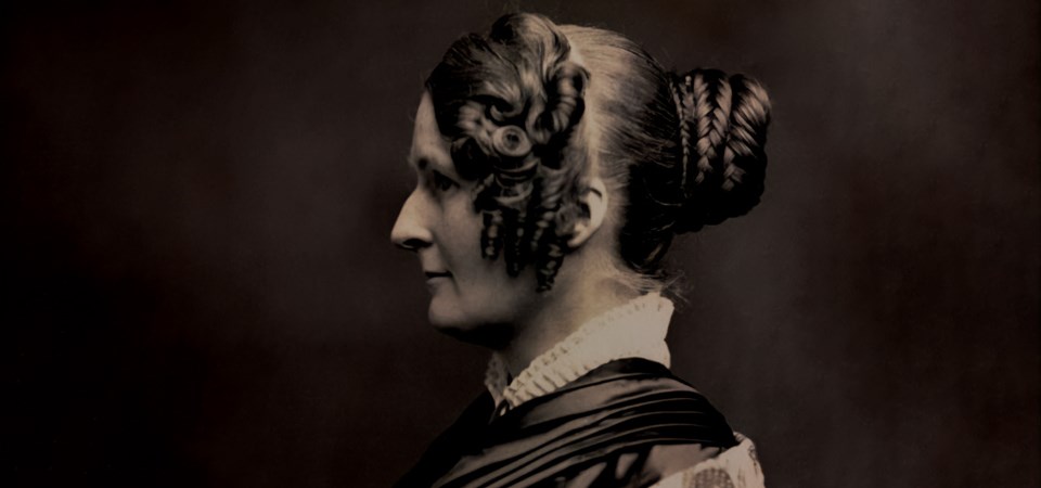 Black-and-white image, side profile of Maria Weston Chapman.