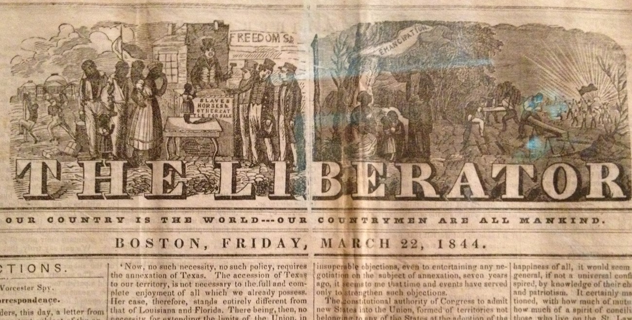 A browned 1844 publication of The Liberator depicts both slavery and emancipation in its heading.