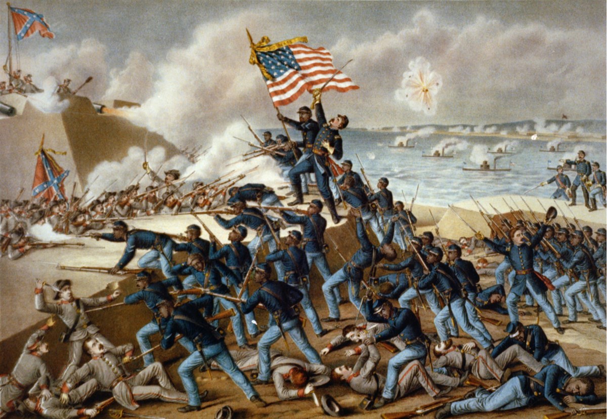 Union soldiers storm Confederate lines.
