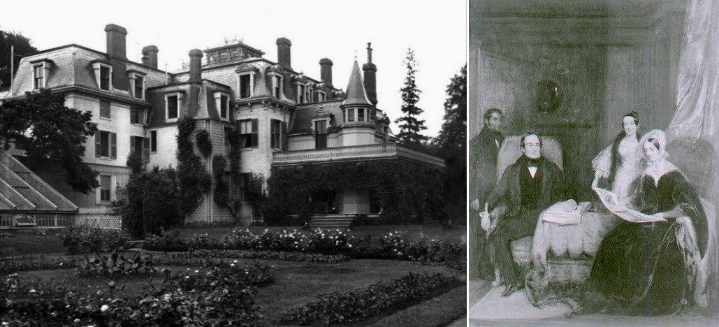 Left, Arnold mansion and gardens; right, drawing of james and sarah arnold with their daughter on her wedding day.