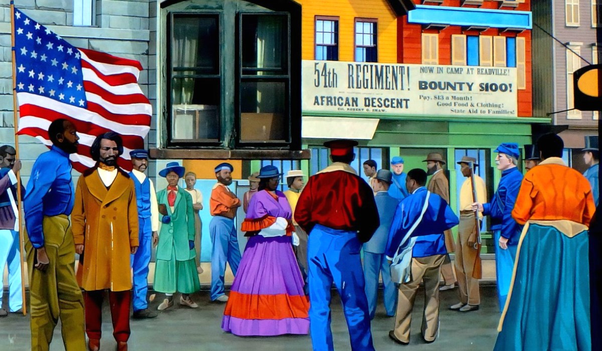 54th Massachusetts Infantry mural depicts recruitment of blacks for Union Army, Frederick Douglass.