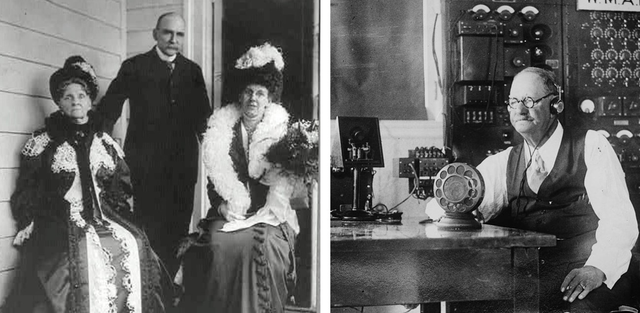 Left, Hetty poses with her daughter and son-in-law; right, Hetty's son Ed Green sits with audio equipment.