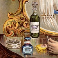 Illustration of perfume bottles on a vanity.