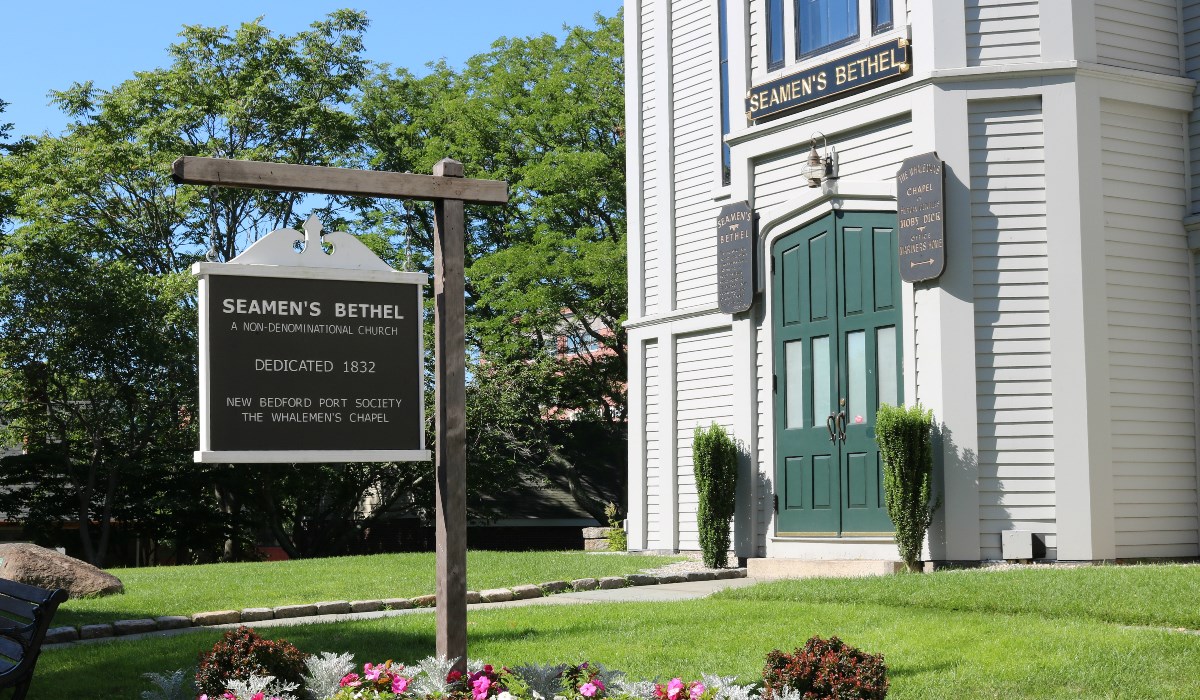 Sign marks the white chapel on Johnny Cake Hill in New Bedford.