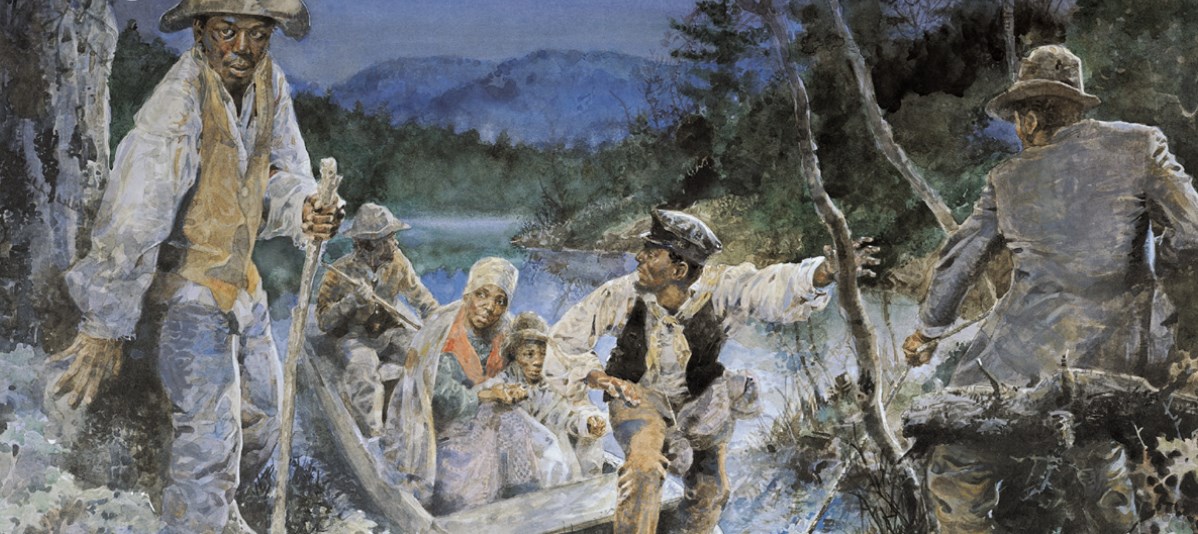 Runaway slaves escape across the Potomac River at nightfall.