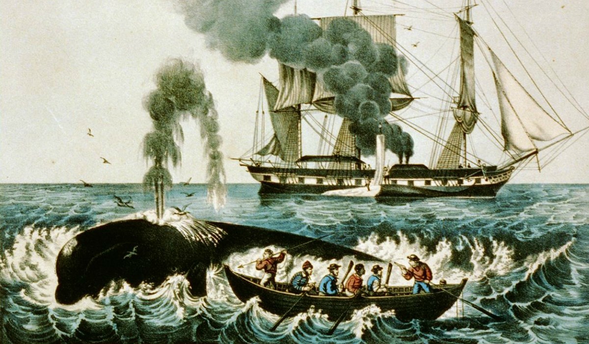 Painting of whalemen attacking whale in ocean; whaleship in background.