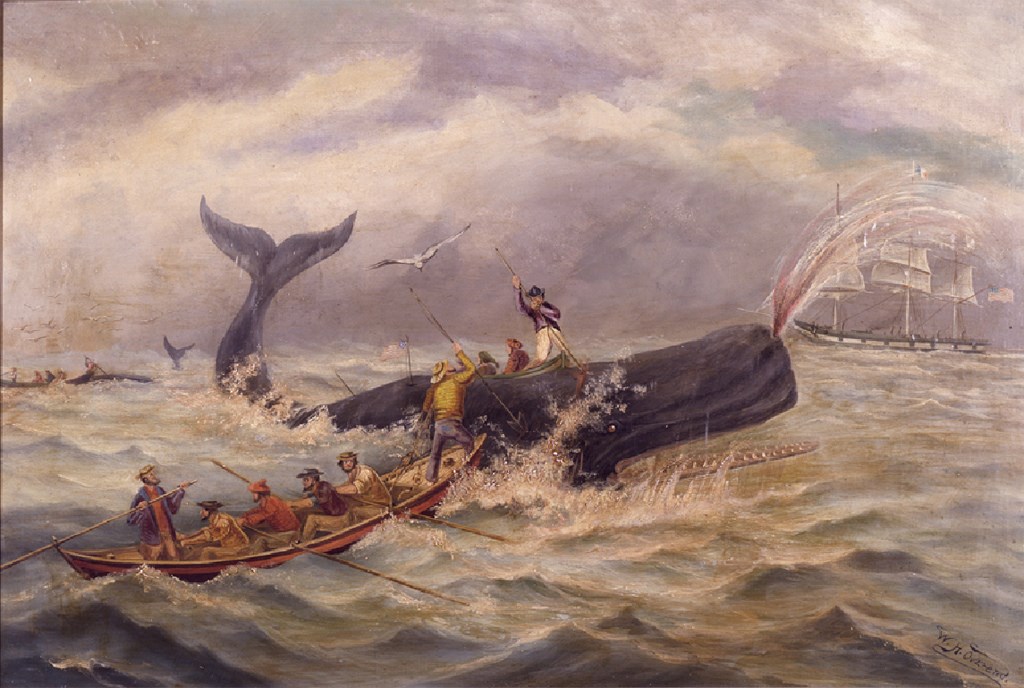 Men keep a rowboat steady on the open ocean while others try harpooning a whale.