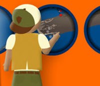 An illustration of a young man looking out a porthole at a sperm whale from an underwater classroom. An illustration of a young man looking out a porthole at a sperm whale from an underwater classroom.