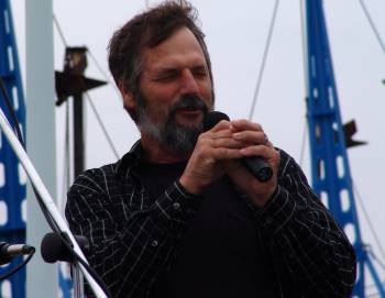 Fisherman poet Geno Leech of Chinook, Washington performs at the Working Waterfront Festival.