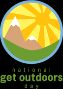National get outdoors day for families logo with orange and yellow graphic sun and brown mountains capped in white set in a green valley.