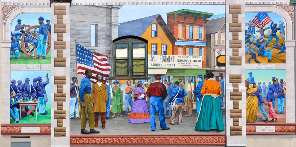 Colorful mural representing different depictions of the 54th regiment
