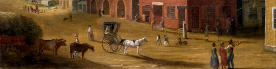 Historic painting of what New Bedford streets used to look like with men and women walking along dirt paths